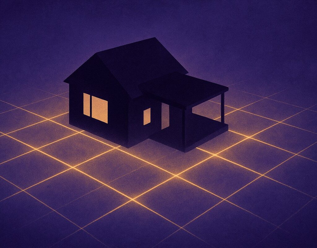 Ilustracao em vista aerea de uma casa sobre a malha geometrica da Rede de Hartmann