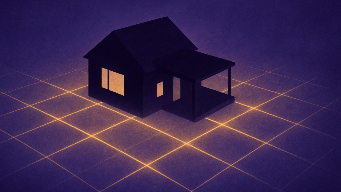 Ilustracao em vista aerea de uma casa sobre a malha geometrica da Rede de Hartmann